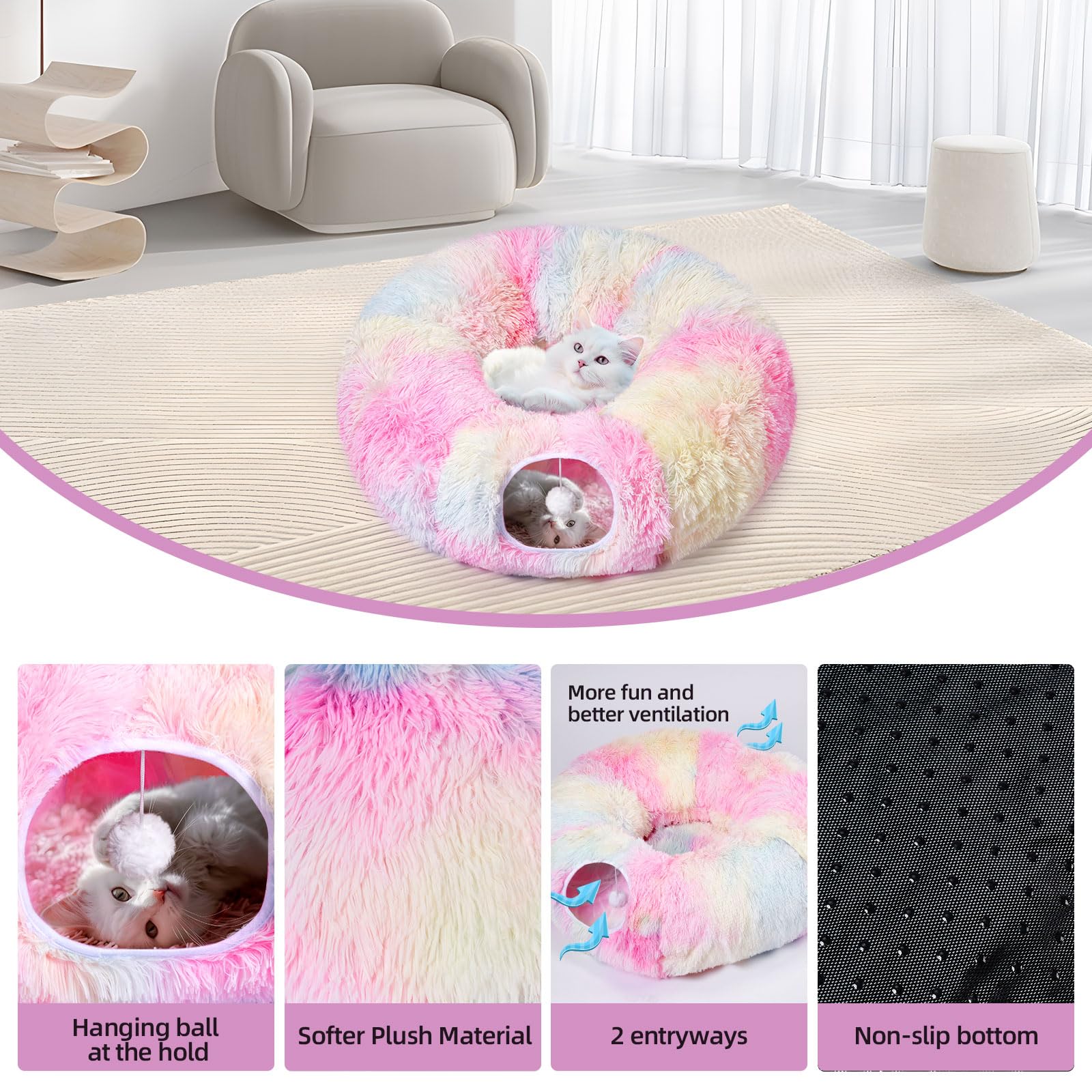 Odoland Cat Tunnels Bed With 20 Cat Toys For Indoor Cats, Plush Cat Couch Tunnel Bed For Kitten, Cat Cave Donut Tunnel - Detacha